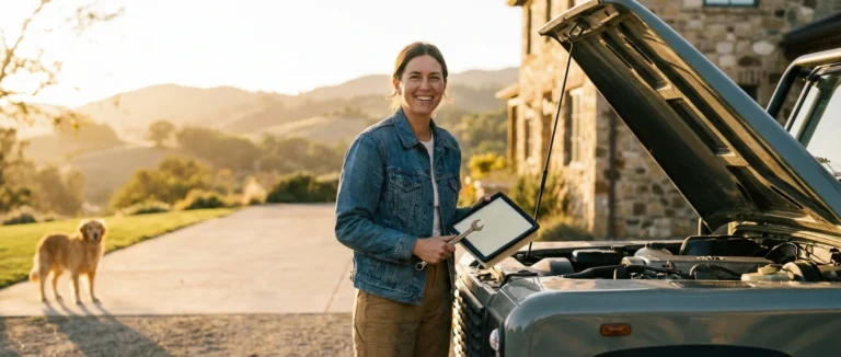 Smiling woman holding a wrench and air filter by an open car hood outdoors.