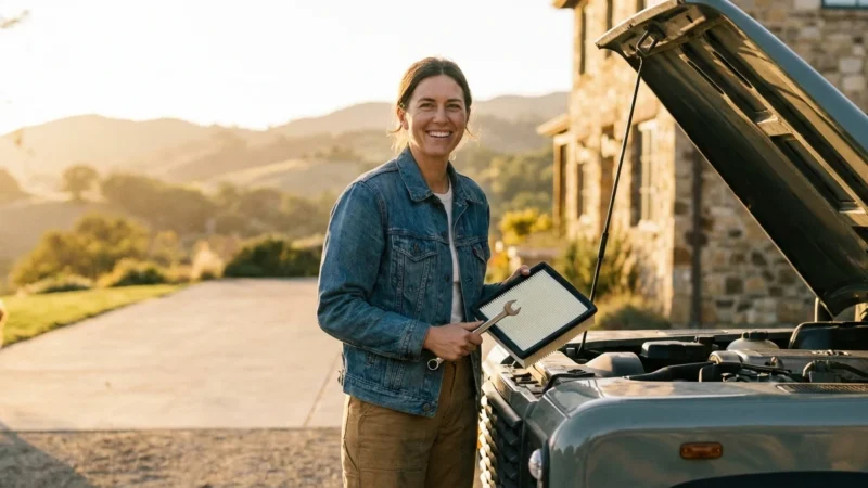 Smiling woman holding a wrench and air filter by an open car hood outdoors.