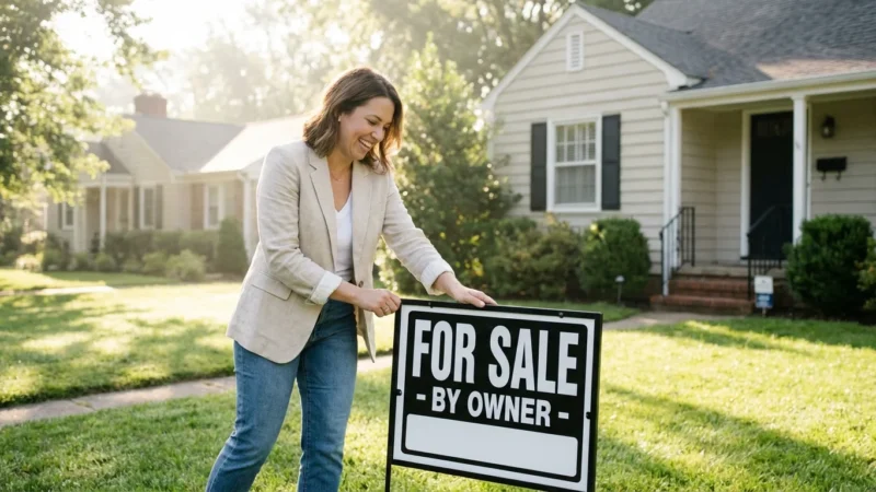 Smiling woman in a blazer placing a for sale by owner sign in a front yard.