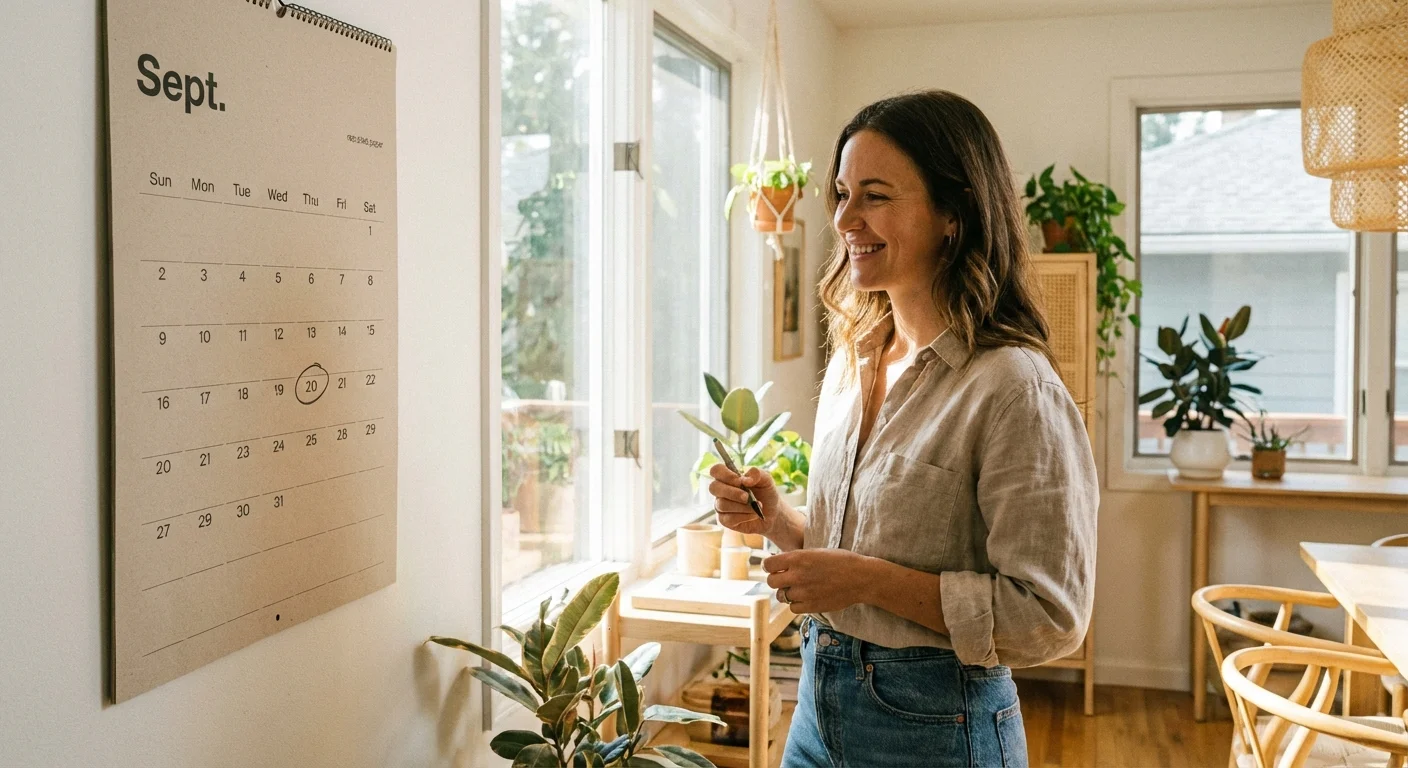A person looking at a wall calendar, symbolizing long-term planning and patience.