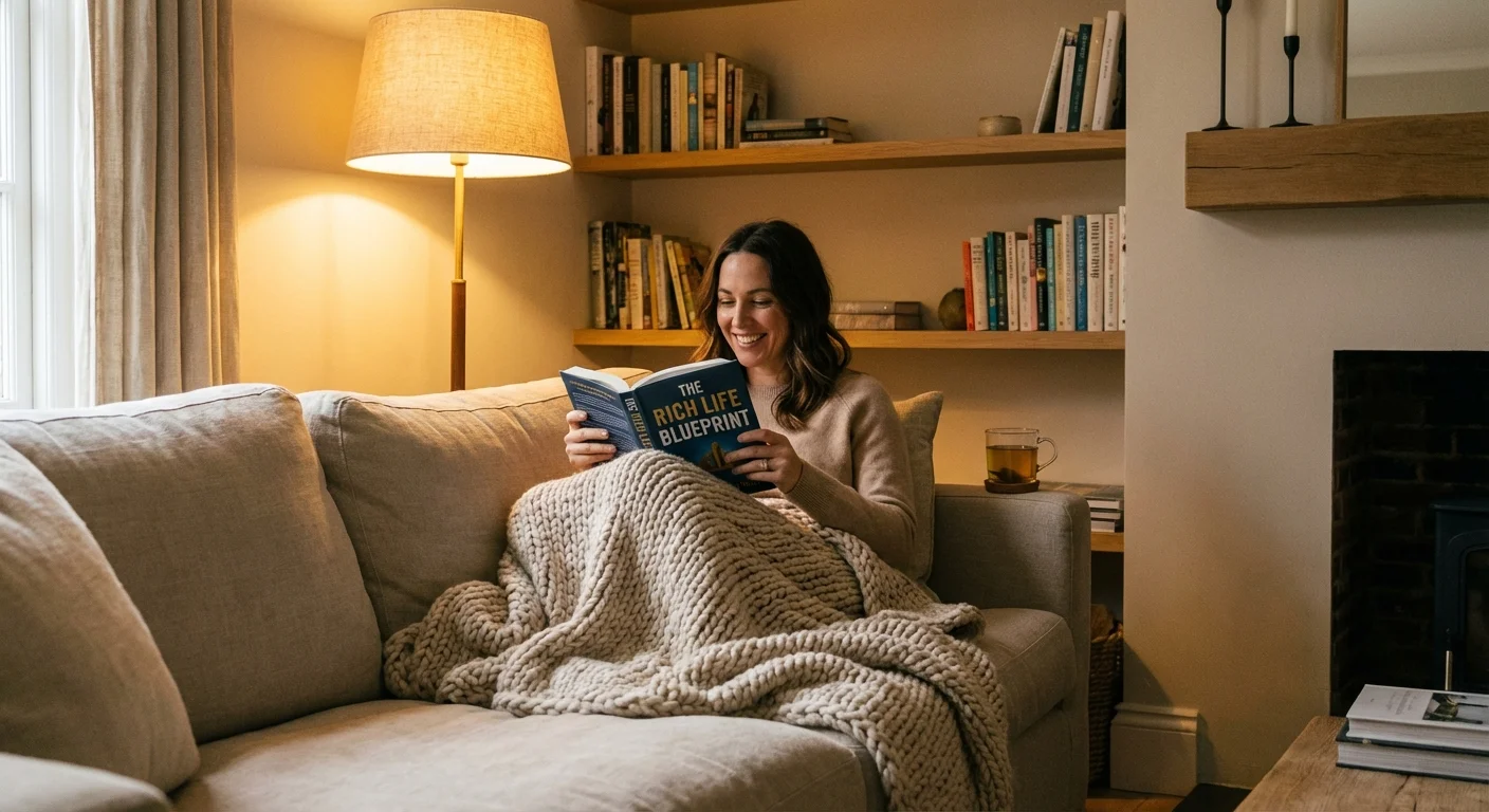 A person reading a book while curled up on a sofa under warm lighting.
