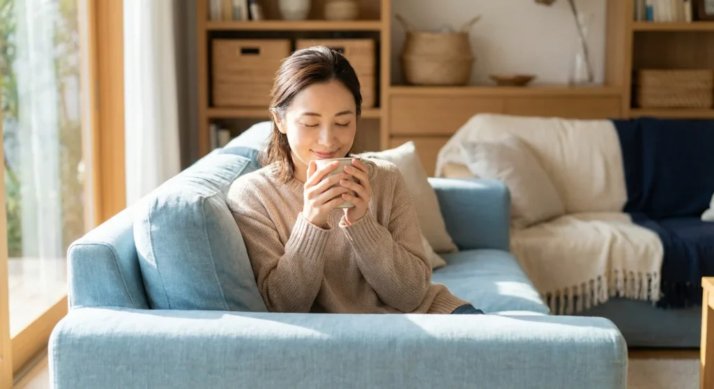 A smiling woman relaxes on a light blue sofa while enjoying a hot drink.
