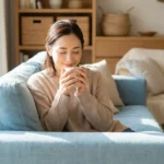 A smiling woman relaxes on a light blue sofa while enjoying a hot drink.