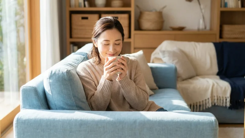A smiling woman relaxes on a light blue sofa while enjoying a hot drink.