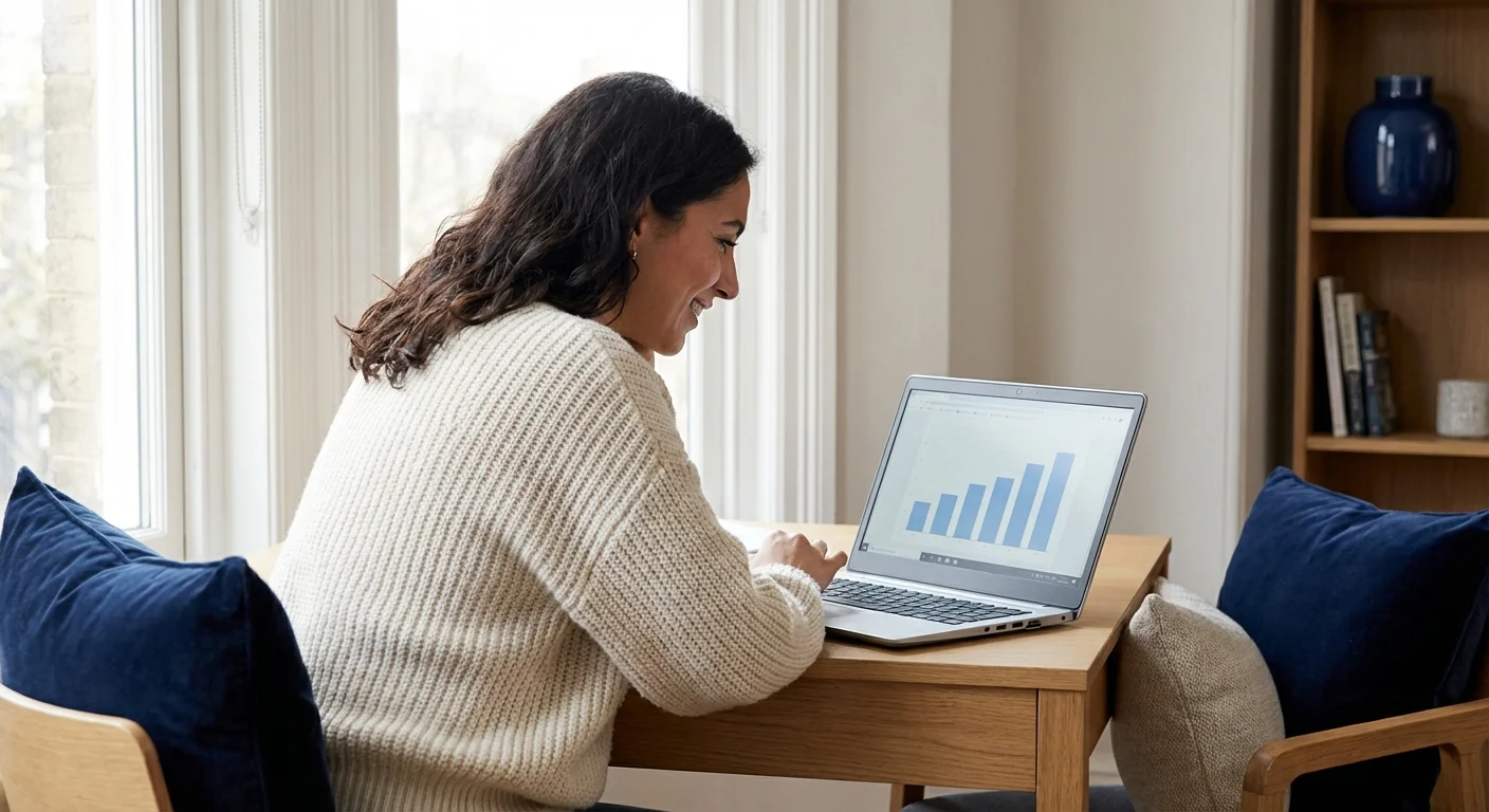 A woman at a desk looking at financial charts on a laptop, representing income limit research.
