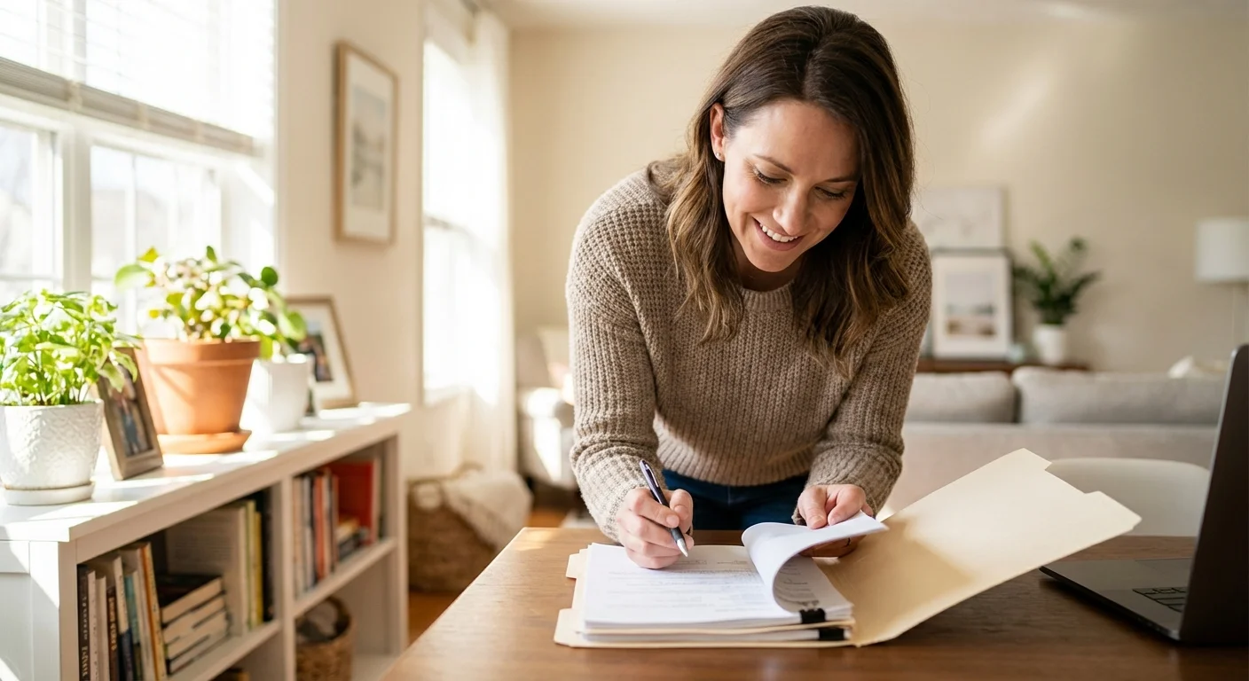 A woman reviewing real estate documents in a bright, organized home office.