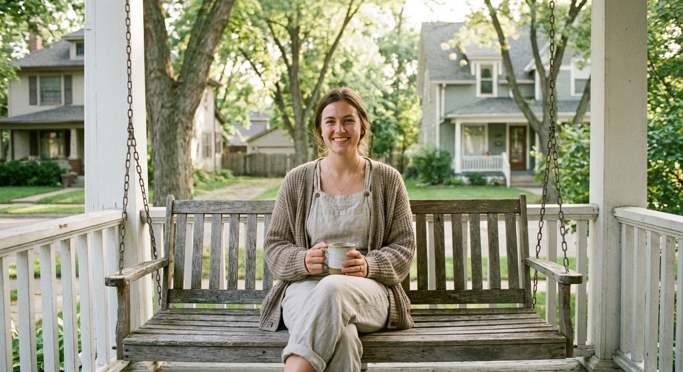 A woman relaxing on a porch swing in a quiet neighborhood.