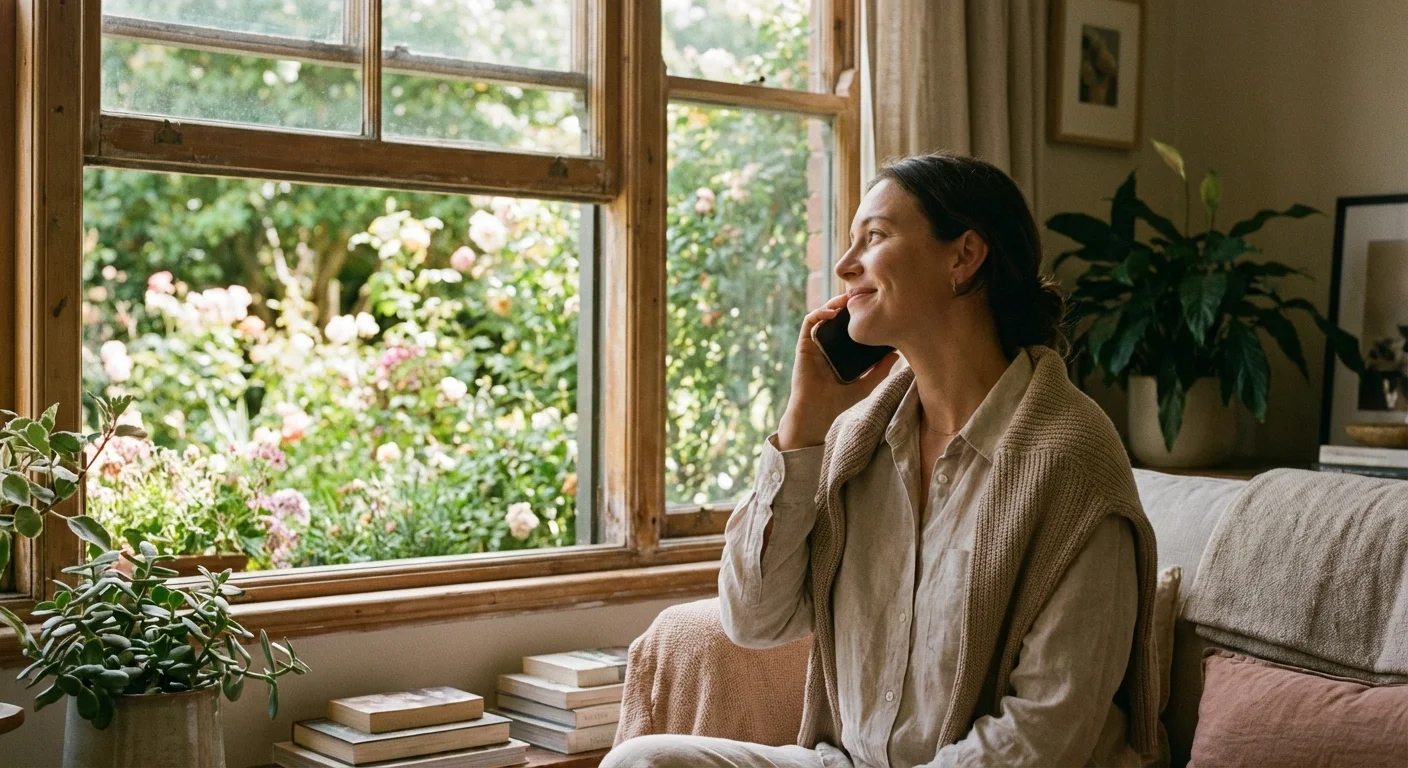 A person having a pleasant conversation on a phone while looking out a window.
