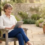 Smiling middle-aged woman sitting on a wooden chair in a sunny garden using a tablet