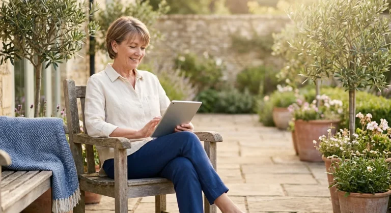 Smiling middle-aged woman sitting on a wooden chair in a sunny garden using a tablet