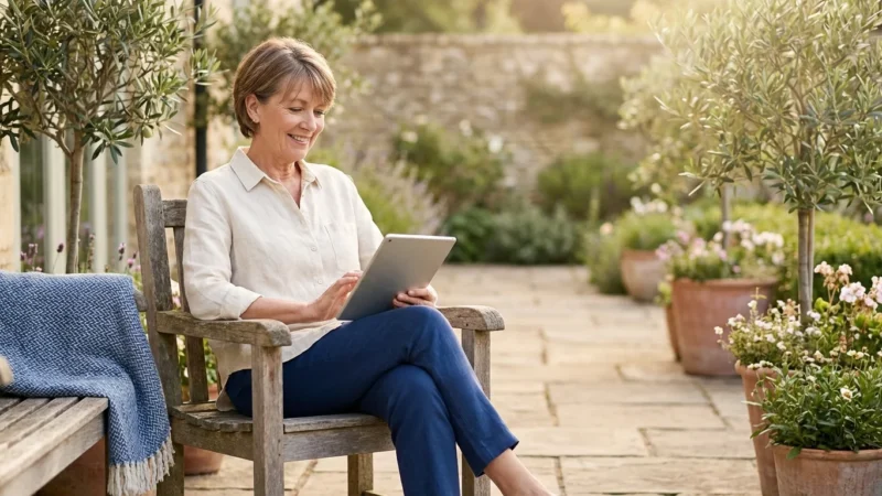 Smiling middle-aged woman sitting on a wooden chair in a sunny garden using a tablet