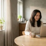 Smiling woman using a laptop and holding a mug at a wooden kitchen table.