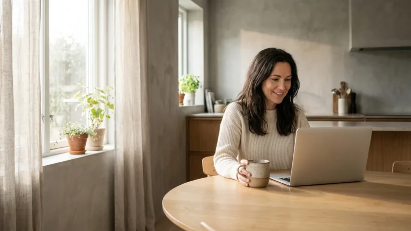 Smiling woman using a laptop and holding a mug at a wooden kitchen table.
