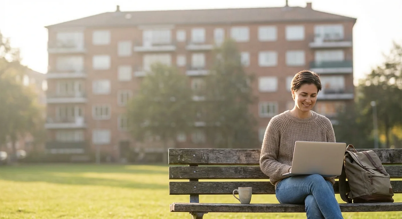 A person using a laptop in a park with an apartment building in the distance.