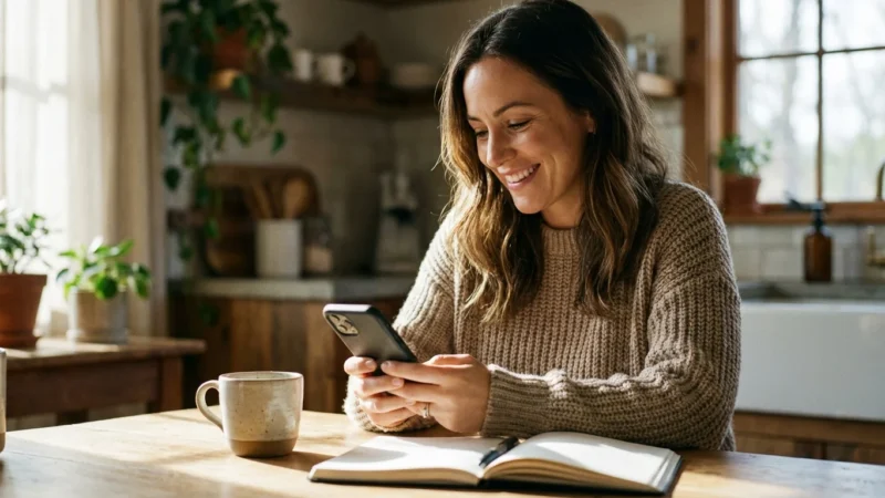 Smiling woman using a smartphone at a wooden table in a cozy, sunlit kitchen.