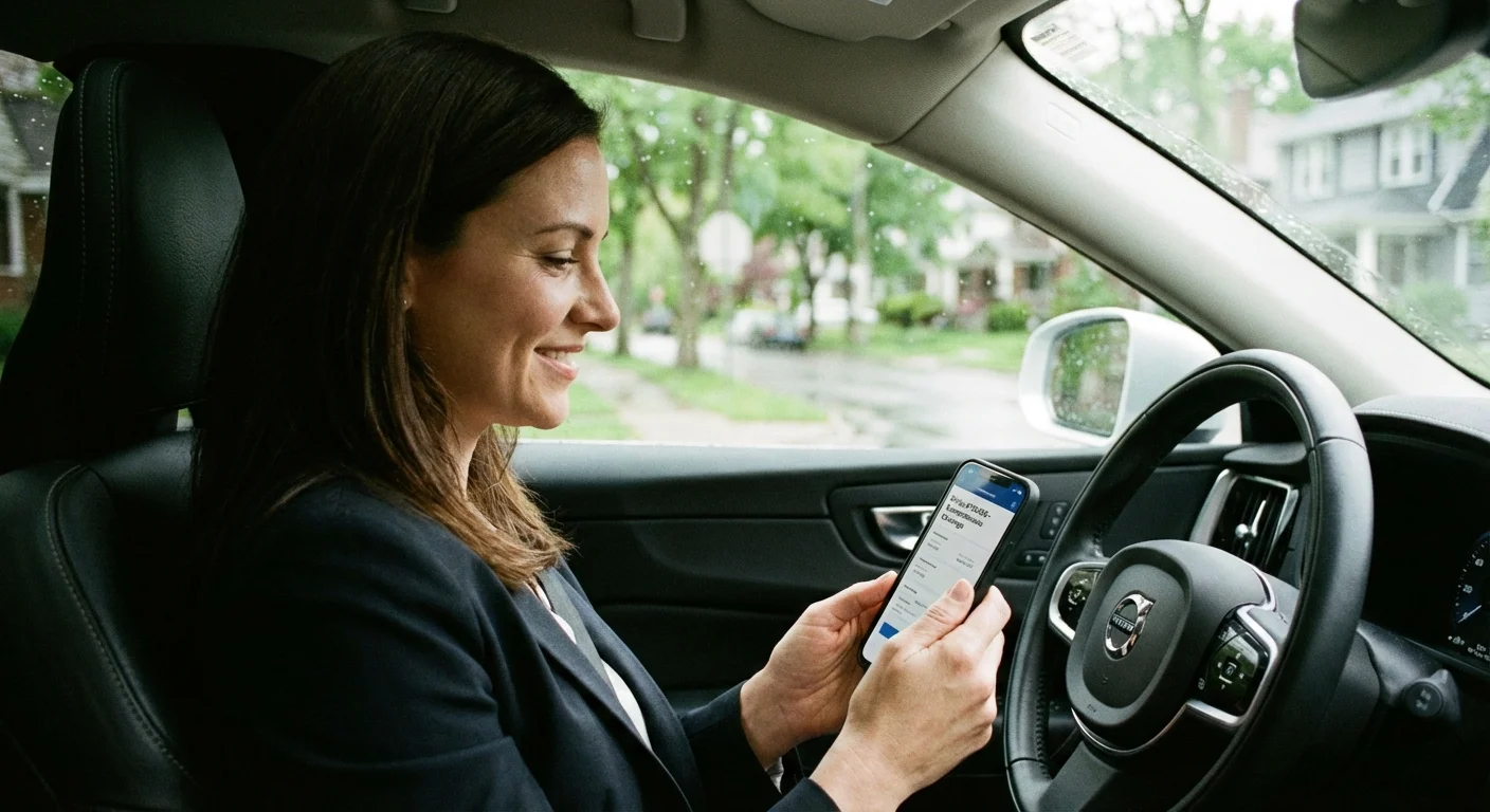 A person checking car insurance details on their phone while sitting inside the car.