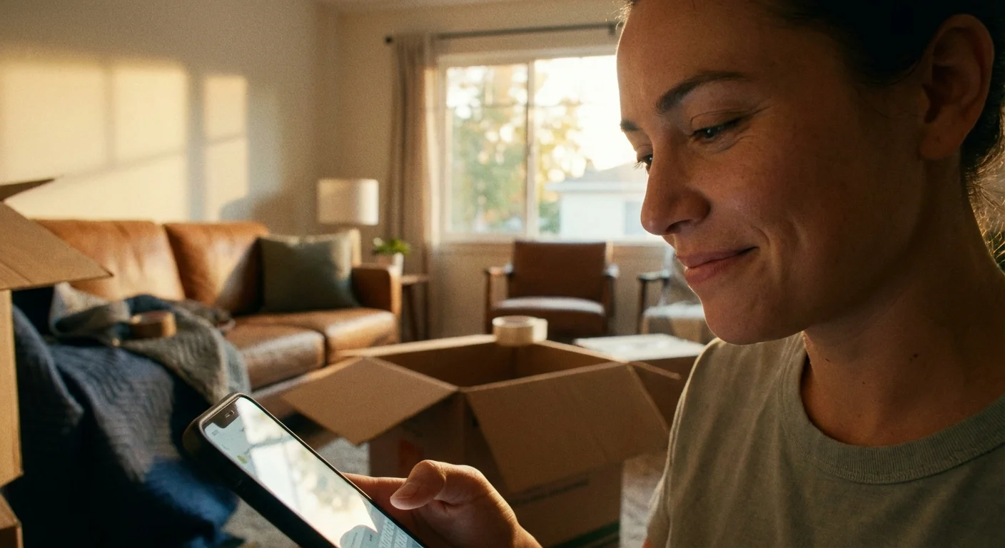 A person looking at their phone with a look of relief in a room filled with moving boxes.