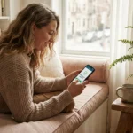 A smiling woman sits on a cozy window seat looking at her smartphone screen.
