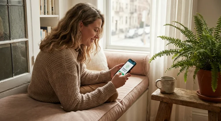 A smiling woman sits on a cozy window seat looking at her smartphone screen.