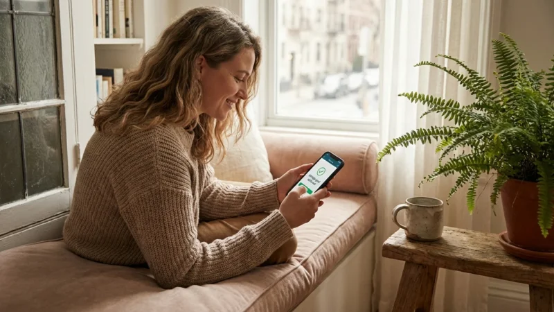 A smiling woman sits on a cozy window seat looking at her smartphone screen.