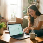 Smiling woman sitting on a couch viewing a financial growth chart on her laptop