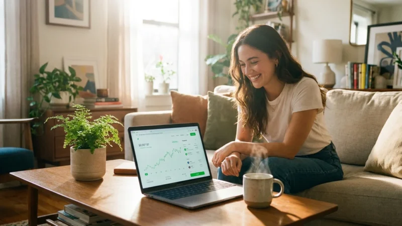 Smiling woman sitting on a couch viewing a financial growth chart on her laptop