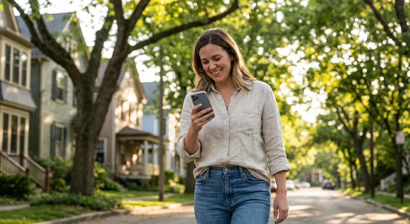 A person using a smartphone while walking through a bright, leafy neighborhood.