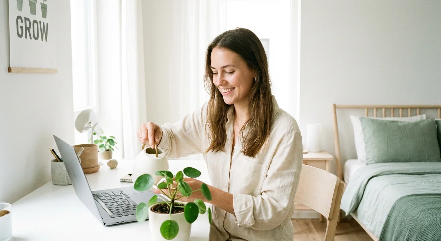 A young professional in a bright apartment, symbolizing financial growth.
