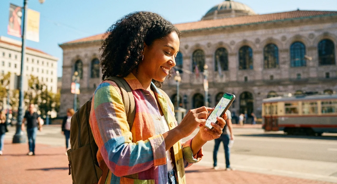 A woman using her phone to find a location on a sunny city street.