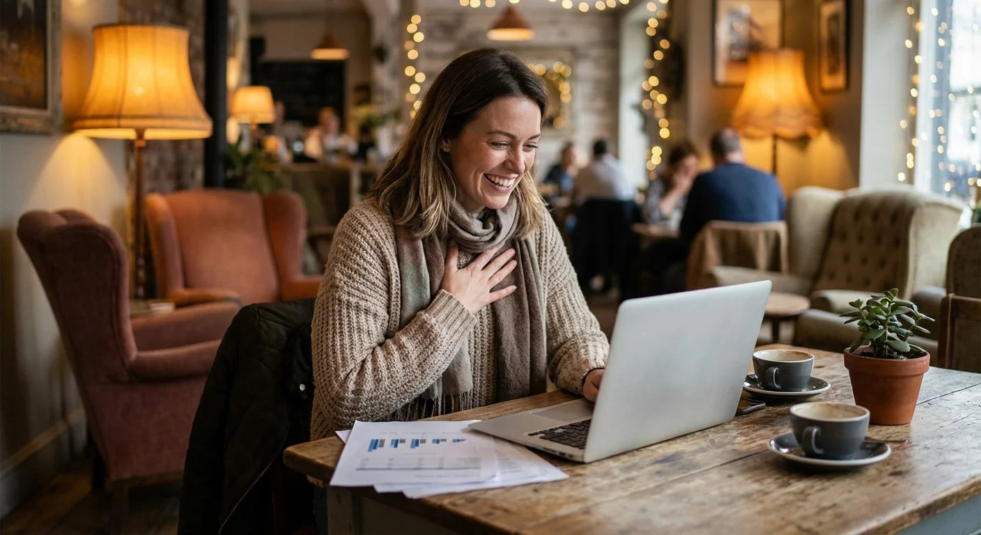 A person looking relieved while working on a laptop in a cozy, sunlit cafe.