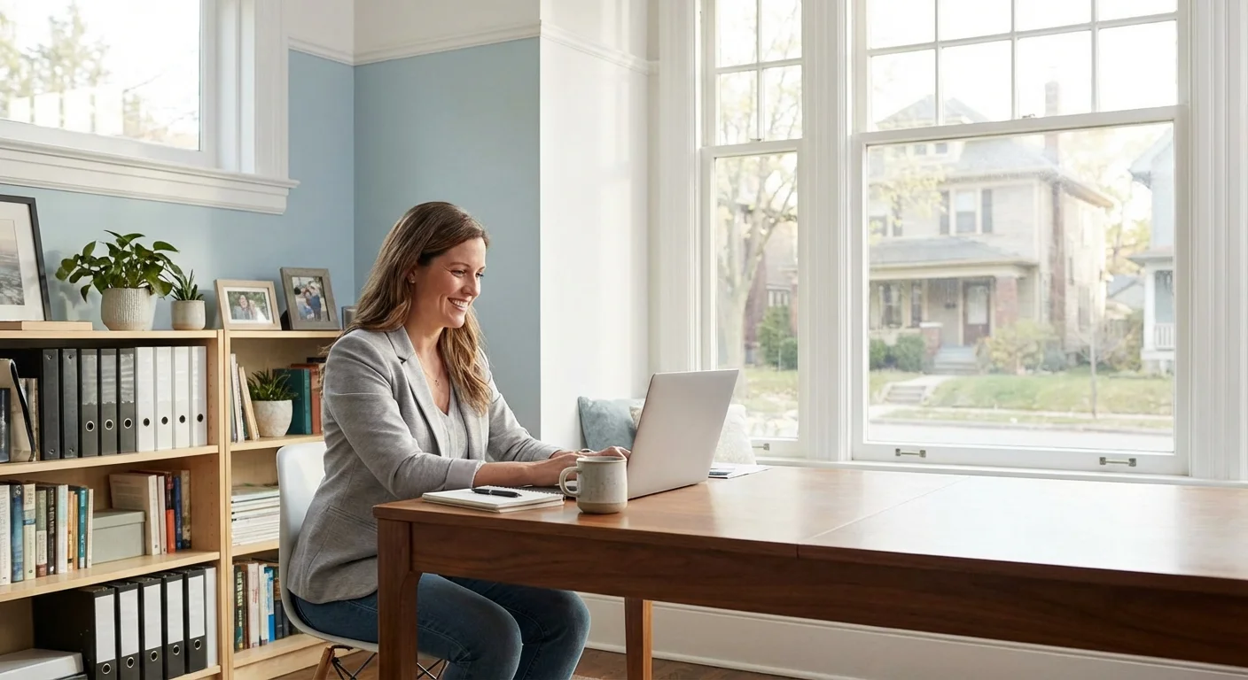 A professional working calmly in a bright home office overlooking a neighborhood.