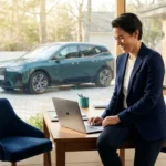 Smiling woman in a navy blazer using a laptop in a bright modern home office