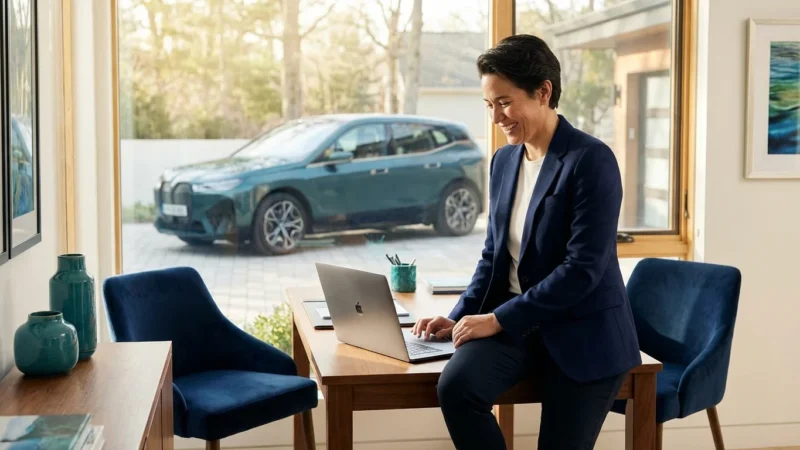 Smiling woman in a navy blazer using a laptop in a bright modern home office