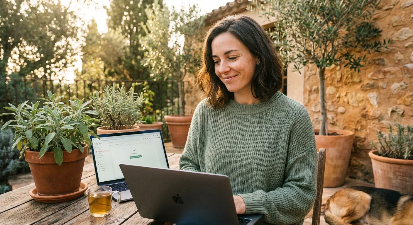 A calm person using a laptop outdoors in soft morning light.