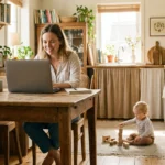 Smiling woman working on a laptop while a toddler plays with wooden blocks nearby.