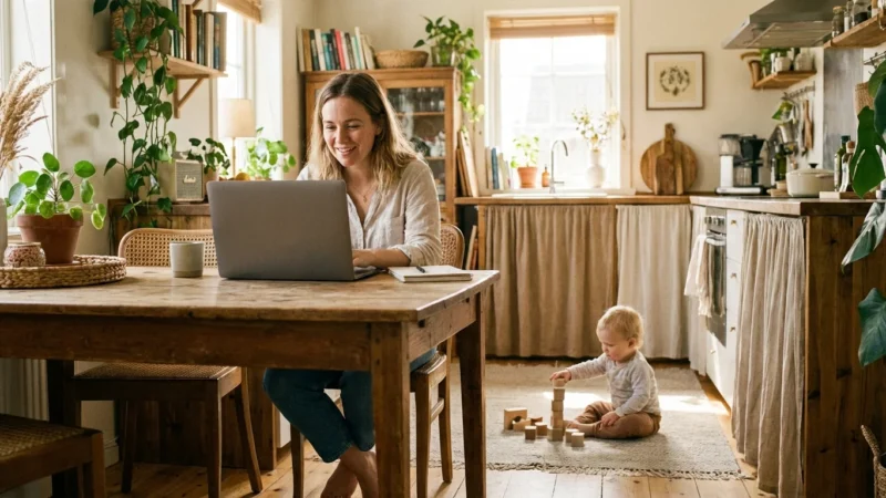 Smiling woman working on a laptop while a toddler plays with wooden blocks nearby.