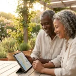 A mature couple planning their retirement on a porch during golden hour.