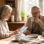 A retired couple reviews their finances on a tablet in a bright, sun-drenched kitchen.