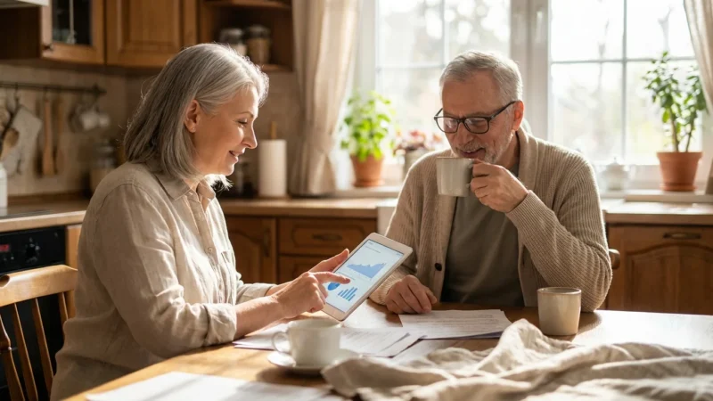 A retired couple reviews their finances on a tablet in a bright, sun-drenched kitchen.