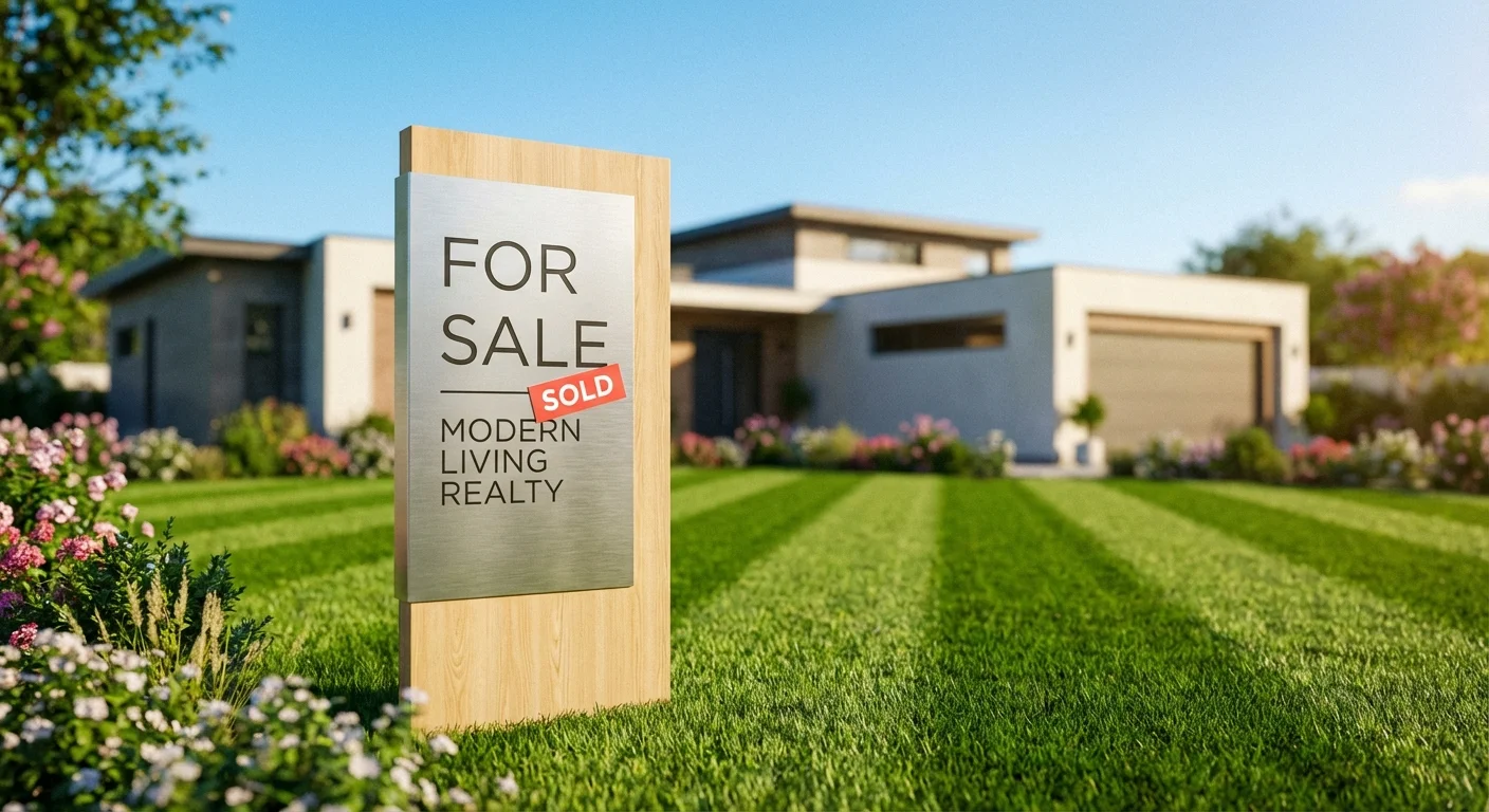 A professional real estate sign in a sunny garden.