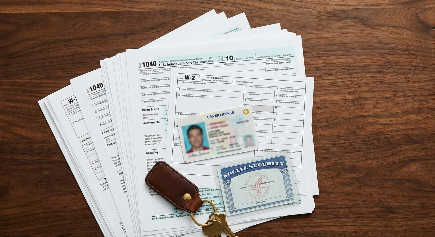 An organized stack of tax documents and an ID card on a wooden table.