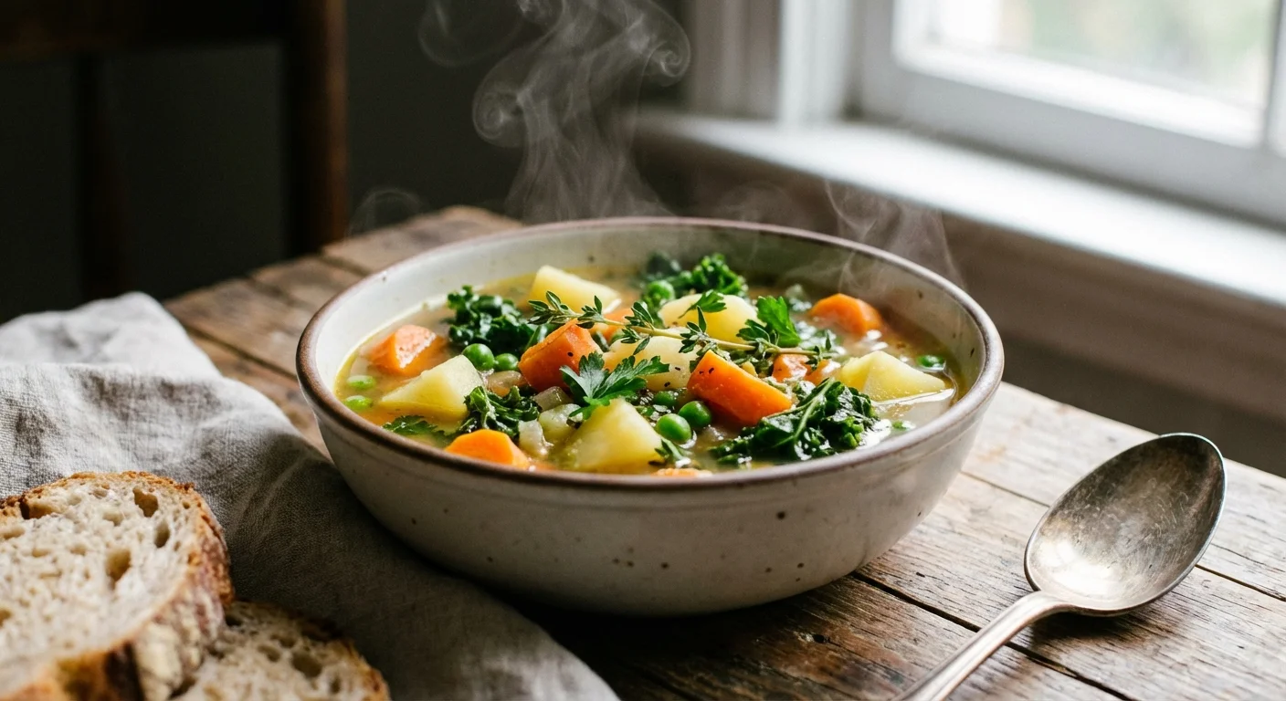 A steaming bowl of colorful homemade vegetable soup on a rustic wooden table.