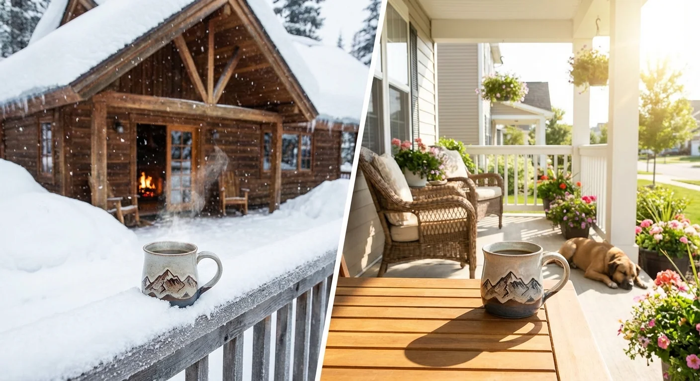 A comparative view of two different living environments, snowy mountains versus sunny suburbs.