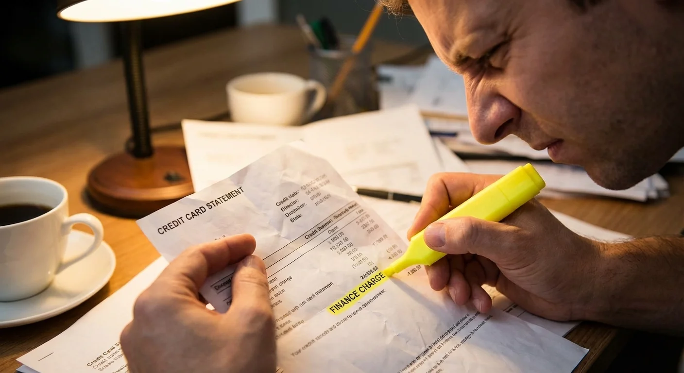 Close-up of a person highlighting a credit card statement.