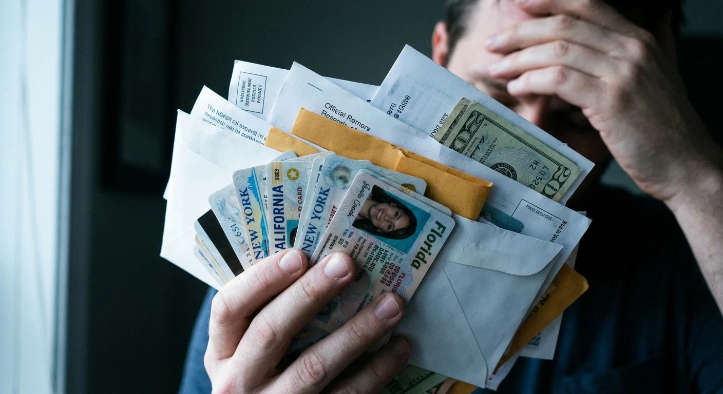 Close-up of hands holding various IDs and mail, symbolizing residency paperwork.