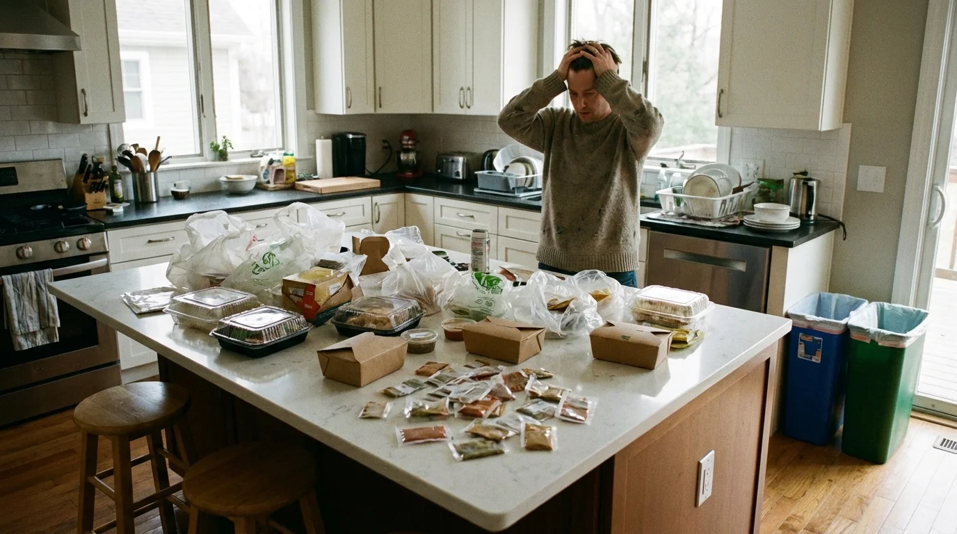 A kitchen counter covered in plastic and cardboard packaging from a meal kit delivery.