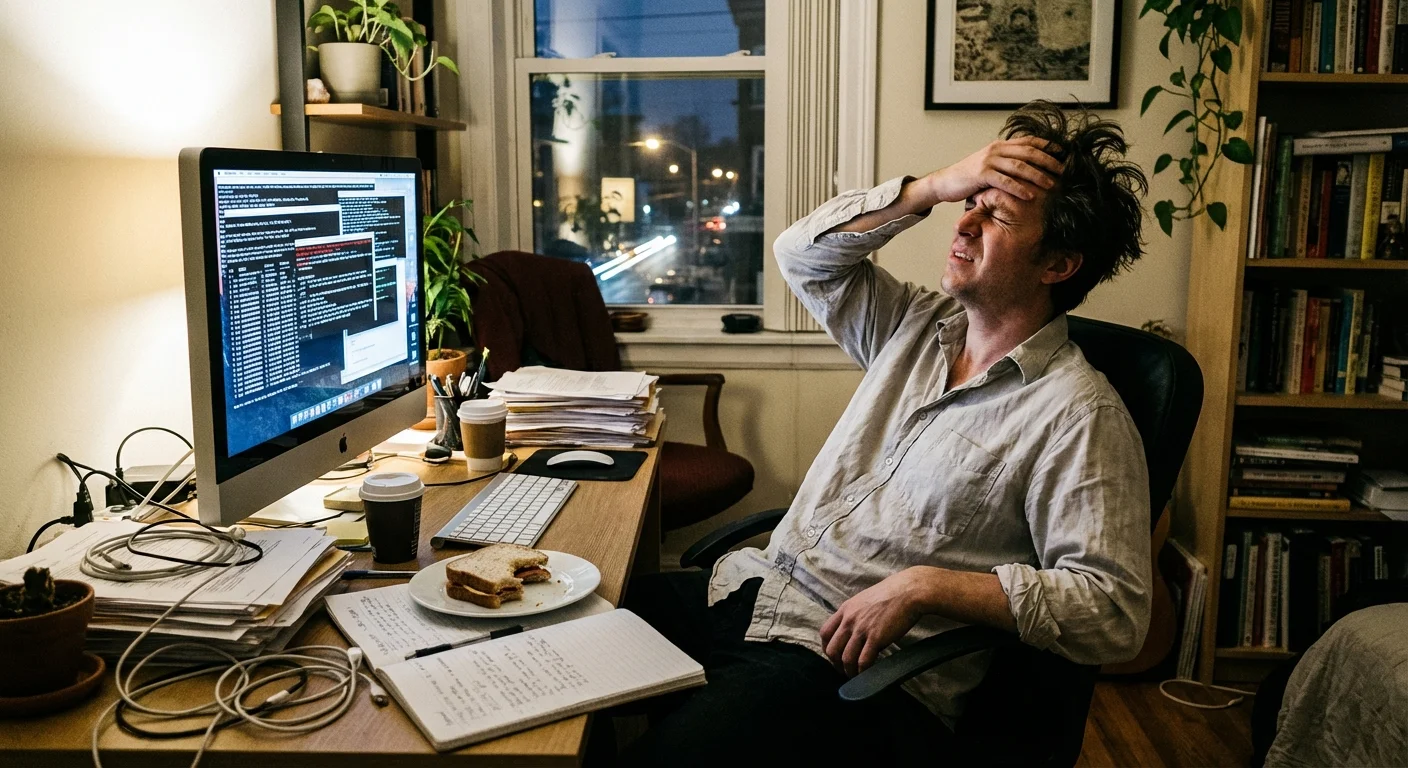 A frustrated person sitting at a computer desk with their hand on their head.