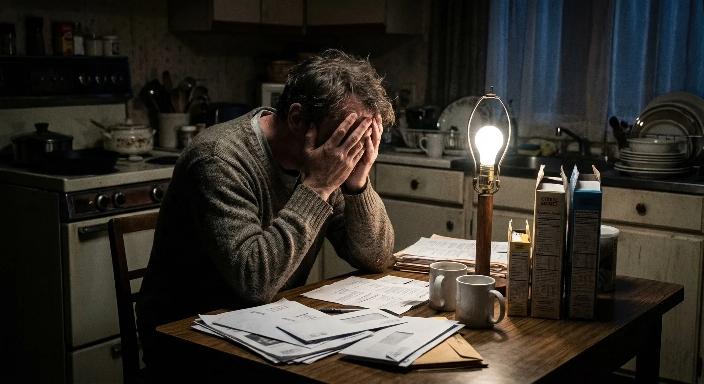 A man looking stressed at a kitchen table at night, illustrating the cognitive load of money worries.
