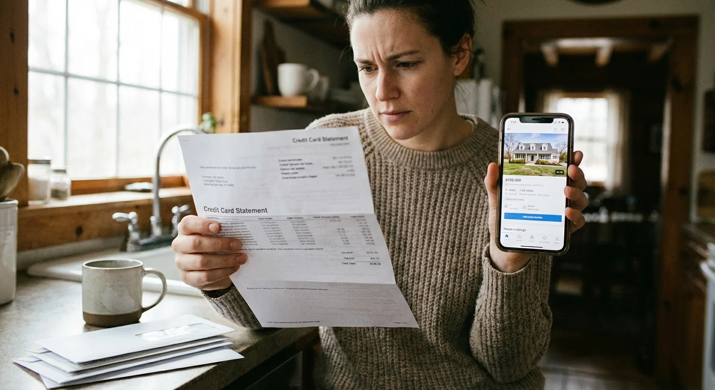 A person looking thoughtful while comparing a credit statement to a home listing.