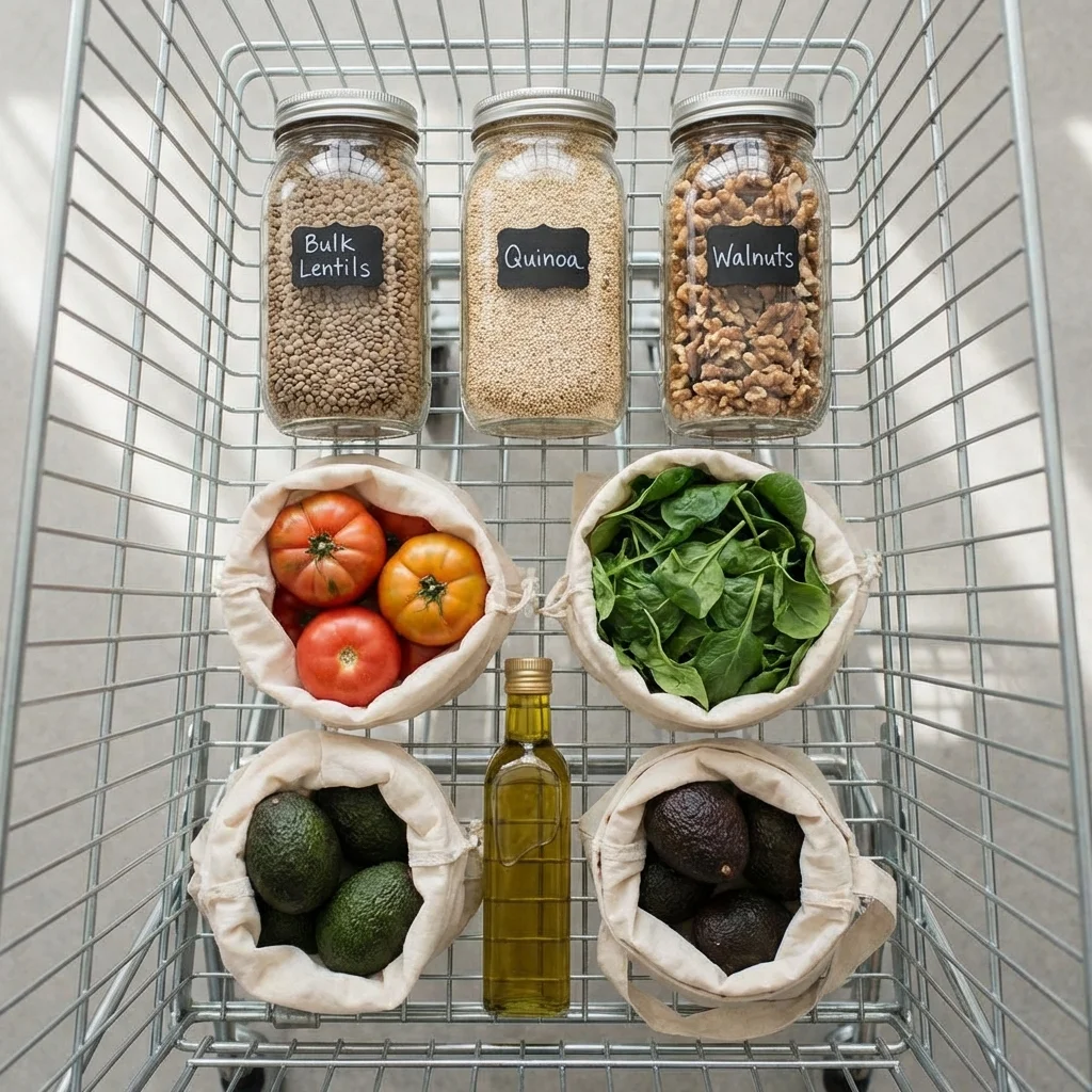 An organized grocery cart with whole foods and bulk items.